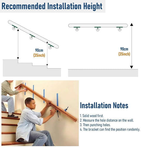 Installation guide for Rock Solid Premium Wooden Stair Handrail with details on height and mounting process.