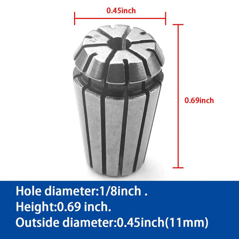 ER11 Collet Set 7Pc Spring Collet Set For CNC Engraving Machine And Milling Lathe Tool, 1/8 inch size, close-up with measurements.