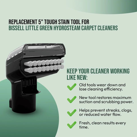 Front view of replacement 5in tough stain tool for Bissell Little Green HydroSteam cleaners with rows of white bristles.