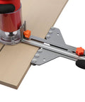 Rock Solid Router Milling Bracket With Adjustable Circle Cutting Jig And Straight Edge Guide used on MDF, with precision adjustments for cutting.