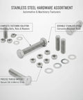 Beefy 304 Stainless Hex Head Bolt Nut Washer Kit SAE And Metric Fasteners displayed on white background with labels