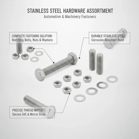 Beefy 304 Stainless Hex Head Bolt Nut Washer Kit SAE And Metric Fasteners displayed on white background with labels