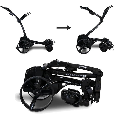 No Drama All Terrain Remote Electric Golf Cart With Full Zip Folding Frame showing its compact, folded design for easy transport.