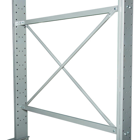 Built Tough As Nails Steel Cantilever Rack Single Sided Heavy Duty Shelving supports robust gray frame and cross support structure.