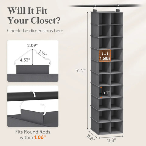 Dimensions of Dope Foldable Hanging Shoe Closet Rack Solid Thick Fabric Storage System With Wide Compartments in gray.