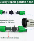 Expandable Garden Hose Repair Kit with Plastic Connectors 10 Pack showing green connectors and installation steps
