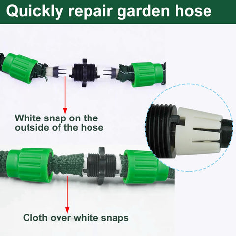 Expandable Garden Hose Repair Kit with Plastic Connectors 10 Pack showing green connectors and installation steps
