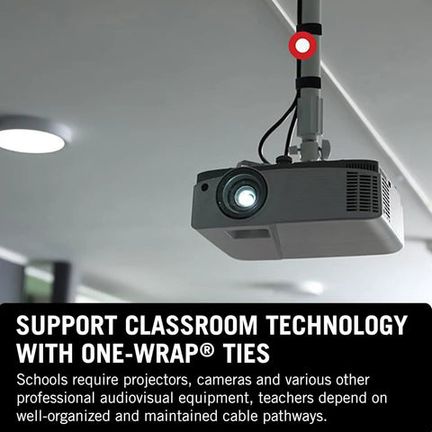 Ceiling-mounted projector secured with One Wrap Tape Three Quarter Inch By Twenty Five Yard Double Sided Self Gripping Roll