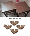 Four Pack Slick Antique Bronze Corner Protectors Heavy Duty Zinc Alloy Edge Guards For Furniture Tables And Wooden Boxes arranged with screws