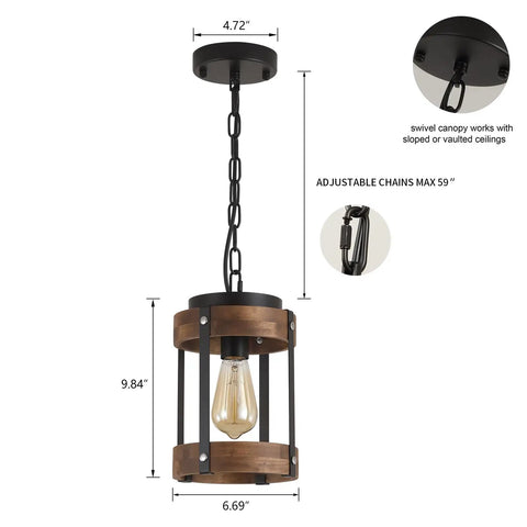 Rustic Farmhouse Pendant Lights Two Pack In Solid Oak And Matte Black Metal Cages with 59 inch adjustable chain.