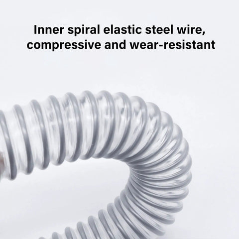 Close-up of inner spiral elastic steel wire in pack of 2 flexible lower vacuum hose replacement parts for home cleaners, ABS rubber composite.