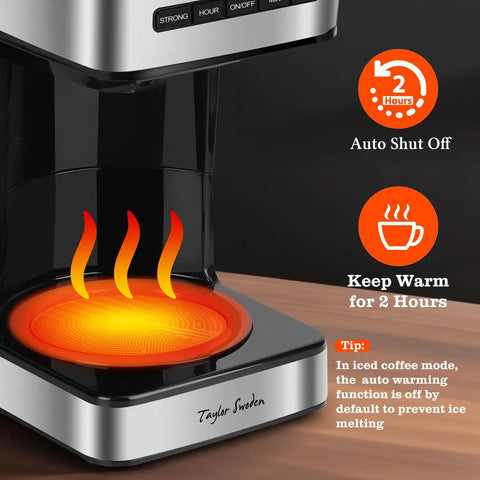 Programmable 12 Cup Coffee Maker With Four Brew Strength Options Hot And Iced Coffee Large LED Display 24 Hour Timer Keep Warm And Auto Shutoff Black And Stainless Steel Drip Coffee Machine For Home Or Office with keep warm feature visible
