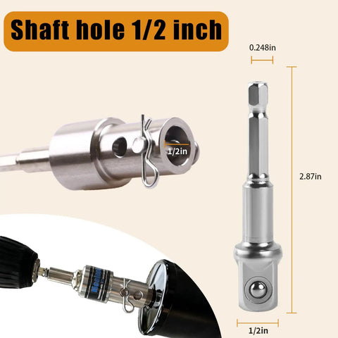 Built Tough Heavy Duty Stainless Steel Trailer Jack Crank Handle Power Drill Adapter With Half Inch Socket Bit, showing 1/2 inch shaft hole.