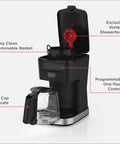 CafeCraft 12 Cup Programmable Coffee Maker With Stainless Steel Drip Design, Vortex Showerhead For Even Brew, shown with open lid.
