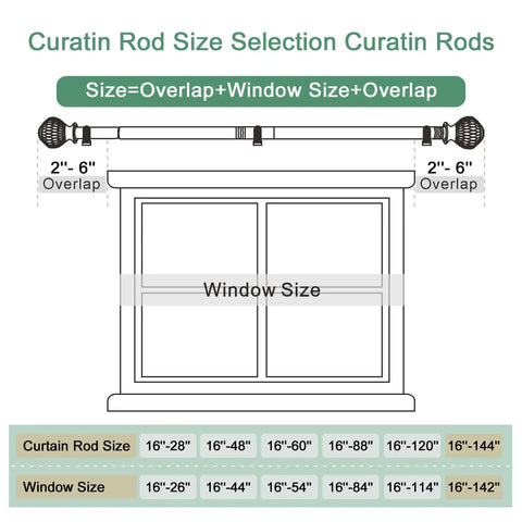 Diagram for Heavy Duty Adjustable Curtain Rod Kit 16 To 144 Inch 1 Inch Diameter With Wood Grain Leaf Pattern Finials Nine Piece Interlocking Rods For Heavy Curtains Holds Up To 50 Pounds showing curtain rod and window size selection guidance