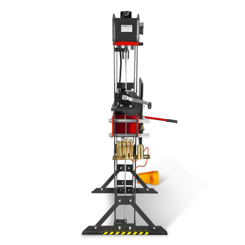 Side view of Beefy 30 Ton H Frame Air Hydraulic Shop Press With Hand Winch And Pin Kit Fully Welded Steel Frame Safety Guard.