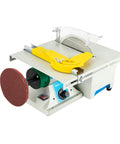 750W Mini Table Saw And Jewelry Polishing Grinder Five In One Tool shown with grinder disc and yellow guide attachment.