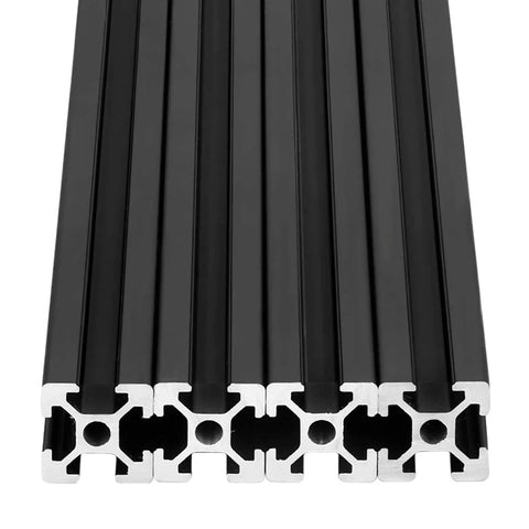 Close-up view of Four Pack 300mm T Slot Aluminum Extrusion Linear Rail Kit European Standard Anodized Finish For 3D Printers And CNC DIY Builds Black Eleven Point Eight Inch Length
