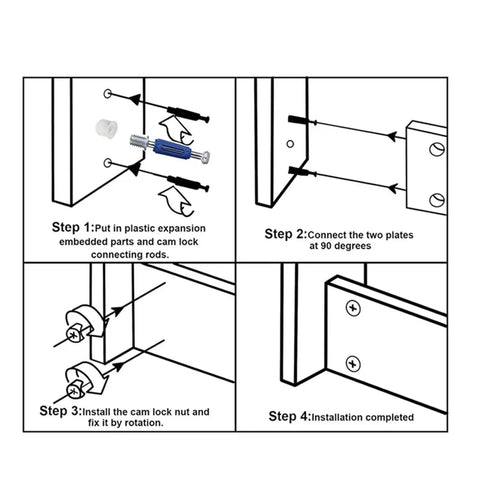 Installation steps for Cam Lock Fasteners 2 Set For Cabinet And Wardrobe Repair Kit With Multi Size Nuts Bolts Wood Dowels Pins And Screwdriver