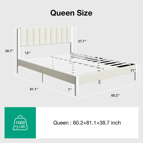 Heavy Duty Queen Bed Frame Rocking Piano Key Headboard And Reliable Metal Platform Base With Integrated Steel Slats For No Box Spring Needed Hassle Free Assembly Plus Crisp White Velvet Finish dimensions and design.