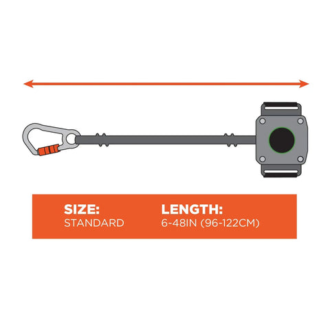 Retractable Tool Lanyard With Locking Carabiner For Belt Or Harness, Gray, ANSI ISEA 121-2018 Certified, dimensions illustration