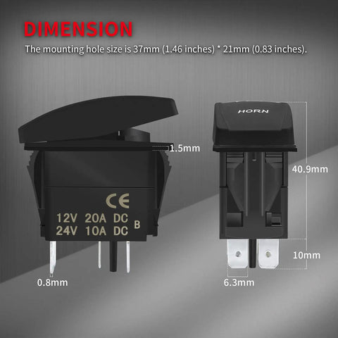 12V Horn Button Momentary Rocker Switch With Blue LED Lights Waterproof Toggle dimensions shown with 5-pin configuration