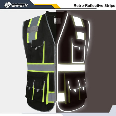 Hi Vis Safety Vest With 10 Pockets, Zipper Front, Cushioned Collar, Extended Neon Yellow Reflective Strips, Unisex Lightweight Durable Work Gear, Easy Care Machine Washable, Meets ANSI ISEA Standards, X Large, shown with retro-reflective effect