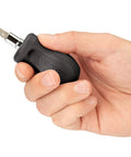 Hand holding 3-In-1 Stubby Multi-Bit Driver With Phillips And Slotted Bits, 1 Quarter Inch Shank 1 Nut Driver Bit Tube.