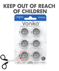 CR2032 3V Lithium Button Cell Batteries 6 Pack in safety packaging with child secure label and scissors for ease of use.
