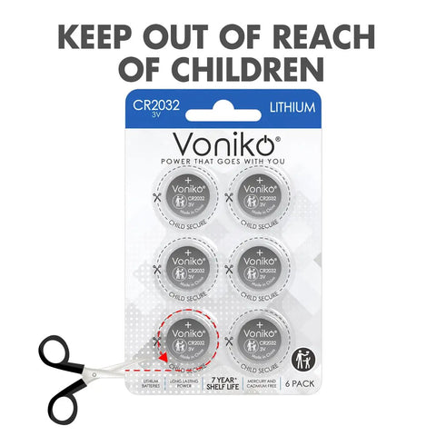 CR2032 3V Lithium Button Cell Batteries 6 Pack in safety packaging with child secure label and scissors for ease of use.