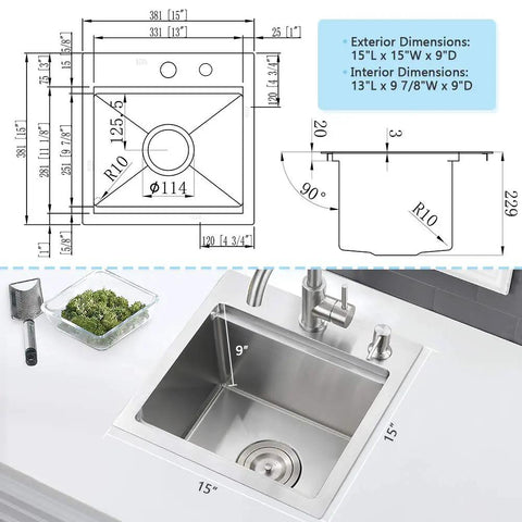 15 Inch Bar Sink Drop In Workstation With Cutting Board 16 Gauge Stainless Steel Single Bowl Bar Prep Sink for Small Kitchens, Outdoor, and RV Use Topmount Island Basin with measurements and diagram.