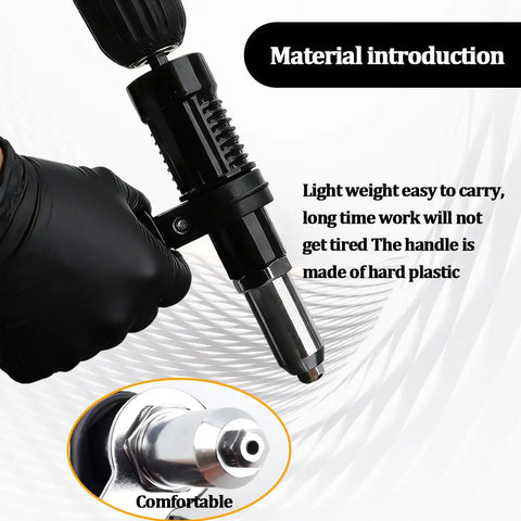 Close-up of Electric Rivet Gun Adapter Kit for Drills with 4 Riveting Heads, black plastic handle, aluminum alloy head