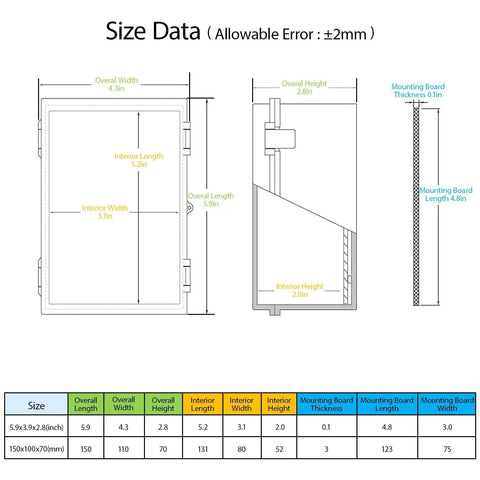 Technical diagram of Weatherproof Junction Box All Weather Ready Outdoor Indoor ABS Plastic IP65 Enclosure With Hinged Lid 5.9x3.9x2.8 Inches Grey Rubber Gasket And Two Plastic Latches For Superior Seal dimensions and specifications.