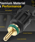 Close-up of A-Premium engine coolant temperature sensor with brass probe, green O-ring, and black plastic housing