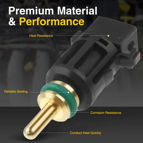 Close-up of A-Premium engine coolant temperature sensor with brass probe, green O-ring, and black plastic housing
