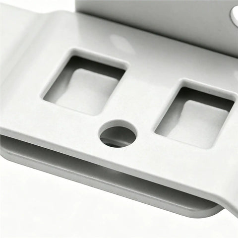 Close-up of Heavy Duty L Shaped Metal Furniture Joint Bracket showing locking clip design and brace holes for reinforcement
