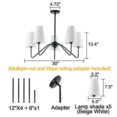 Totally Chic Modern Farmhouse Small Chandelier In Black Finish, Perfect Dining Room Light Fixture dimensions and components view