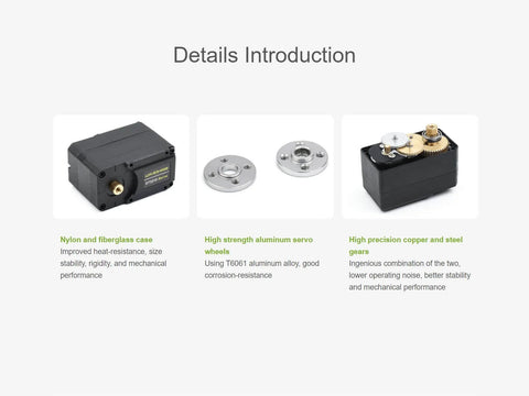 Details of Beefy 30Kg Torque Servo Motor With Metal Gear ST3215 components, including casing, servo wheels, and gear mechanism.