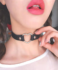 Genuine PU Leather Love Heart Choker Necklace For Men Women With Rugged Gothic Chain adjustable collar worn with braided hair.