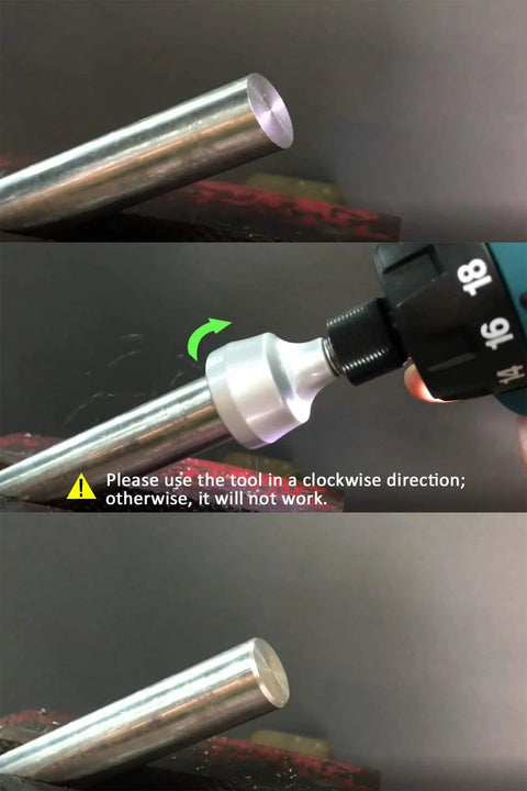 CONQUER HSS deburring external chamfer tool with quick-release 1/4 in hex shank installed on drill.