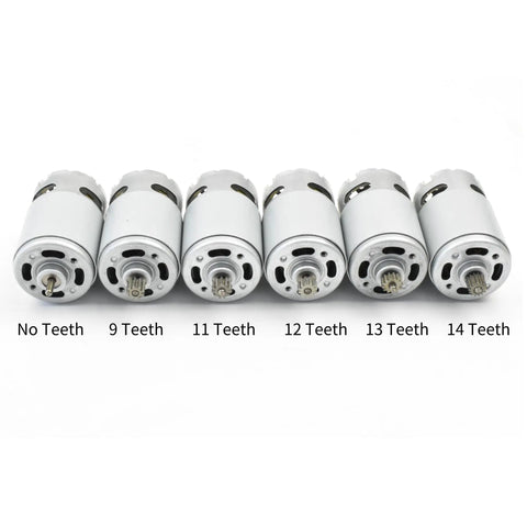 Various DC motors with different gear teeth count including RS550 21V Replacement Motor With 14 Tooth Gear for Mini Rechargeable Hand Saw.
