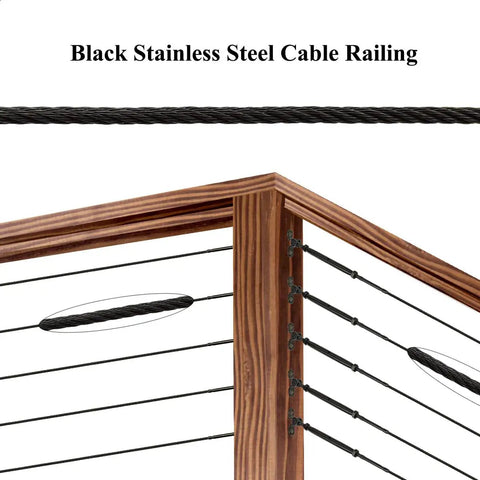 Black Cable Railing Hardware Kit For One Eighth Inch Wire Rope System, marine-grade T316 steel, wood deck detail