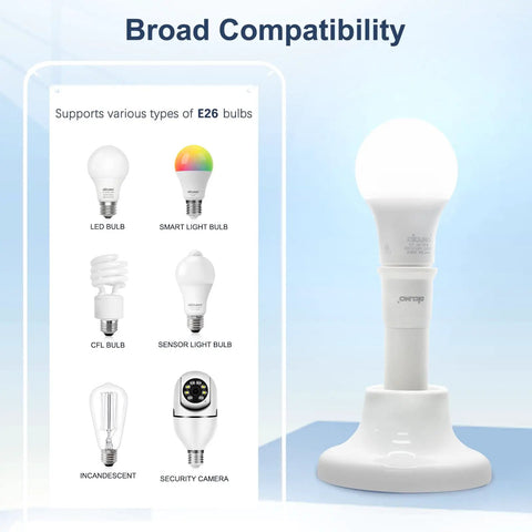 Flexible E26 Socket Extender Adapter With Adjustable Reach, showing compatibility with LEDs, smart bulbs and more, base view.