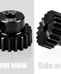 Front and side view of Beefy Hardened Steel 0.5M Pinion Gear 20T with 2mm bore for RC cars and helicopters upgrade.