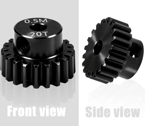 Front and side view of Beefy Hardened Steel 0.5M Pinion Gear 20T with 2mm bore for RC cars and helicopters upgrade.