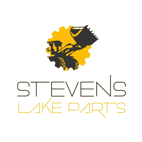 Stevens Lake Parts logo with gear and excavator graphic, text in black and yellow on white background