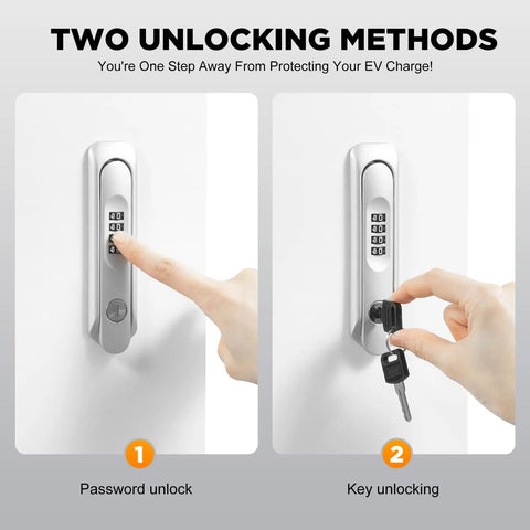 Rock Solid Outdoor Electric Vehicle Charger Cover With Keylock And Wall Mount showing password and key unlocking methods.