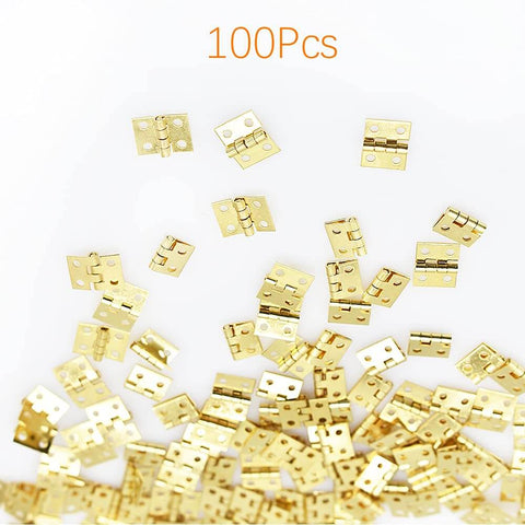 100 Pcs Mini Brass Hinges Set 10x8mm 180 Degree Hinges For Dollhouse Mini Furniture Boxes Jewelry Chests Cabinets Gold Tone DIY Hardware With Screws
