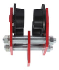 Front view of a 2 Ton Manual I Beam Trolley With Track Rollers Adjustable Beam Width Three Point Five Four Inches To Five Point Five One Inches Heavy Duty Four Four Zero Nine Lbs Load Capacity Sliding Hoist Trolley For Warehouse And Construction, showing metal rollers and frame.