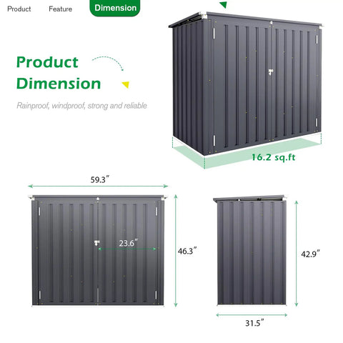 Outdoor Trash Can Storage Shed With 46 Cu Ft Capacity, waterproof horizontal cabinet dimensions and dark grey color